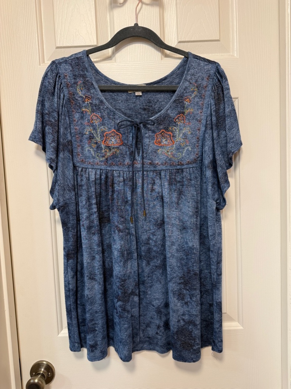 ONE WORLD Blue Embroidered Tie-Front Tunic